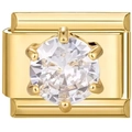 DIY 9mm gold stainless steel charm link with round clear cubic zirconia inlay - Gold Six-Prong Gemstone Style (2411)