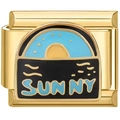 Close-up of 9mm gold modular Italian charm with sunrise design and SUNNY text - Sunny Beach Sunset Style (2414)