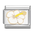 Vista detallada del charm modular de 9mm en acero inoxidable con diseño de hibisco blanco - Flor de Hibisco