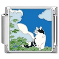 Maillon de bracelet italien en acier inoxydable avec chat en émail dans un champ vert - 0087-Chat dans les Nuages