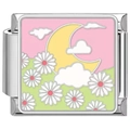 Detailed macro view of a floral stainless steel charm featuring moon and daisy enamel design - 0069-Mountain Top Dandelion