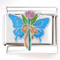Italian charm link in stainless steel with colorful enamel butterfly and floral pattern - Blue Butterfly Flower (3888)