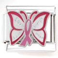 Macro view of stainless steel charm with pink ribbon butterfly and engraved words - LOVE HOPE Butterfly (3889)