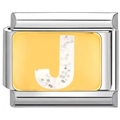 Detalle de eslabón italiano para pulsera con letra J purpurina plateada y borde dorado - Letra de Purpurina J (3940)