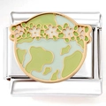 Detailed close-up of a modular stainless steel charm with green enamel and white flower motifs - Green Garland Earth (3927)