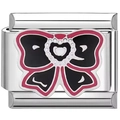Italian modular charm bracelet in silver stainless steel with pink and black bow heart - Silver Pink Black Bow