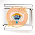 Detail of Italian charm link featuring an enamel eye with a blue teardrop and gold edges - Silver Hands Surrounding Weeping Eye