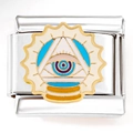 Macro view of Italian charm link featuring gold Eye of Providence on stainless steel - Silver Eye of Providence