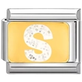 Vista detallada de un charm italiano modular de oro y plata con la letra S grabada - Letra de Purpurina S (3948)
