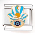 Macro view of Italian charm link featuring Hamsa Hand with Evil Eye and enamel details - Silver - Hamsa Hand