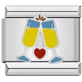 Macro detail of Italian charm bead with champagne flutes and heart on stainless steel - Drink a Toast