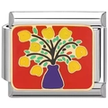 Detail of Italian charm link featuring floral enamel art with purple vase and yellow flowers - Pink Flower Arrangement