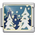Italian charm link featuring a snowy winter forest scene with blue sky and metal base - White Snow Fir
