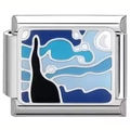 Detailed macro view of an Italian charm link with Starry Night enamel art and steel base - Starry Night Style