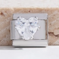 Italian charm link with heart-shaped clear zircon stone in stainless steel bezel - 0052-Clear Large Zirconia