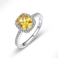 Silver S925 halo ring featuring a large cushion-cut yellow gemstone and pave diamonds - US 7 / Platinum (Yellow Zirconia)