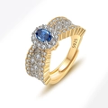 S925 silver gold-plated ring with blue oval gemstone and white diamonds - Adjustable Open / 18K Gold (Blue Zirconia)