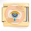 Eslabón italiano con ojo de Horus y manos protectoras sobre acero inoxidable dorado - Oro Manos Rodeando Ojo Lloroso