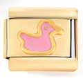 Italian charm link with pink enamel duck on a 18K gold-plated stainless steel base - Pink Duck(4018)