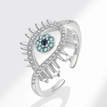 Bague ajustable en argent S925 œil protecteur avec cristaux bleus et oxydes de zirconium - Réglable / Design Rayonné Micro-Serti (PNJ798) / Platine