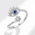 S925 Sterling Silver Open Ring with Blue Evil Eye motif and sparkling white stones - Adjustable / Platinum Color (PNJ797)