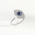 S925 Sterlingsilber Ring mit blauem Zirkonia Auge und verstellbarem Seilband - Gedrehtes Band Böser Blick Stil (PNJ506) / Platin