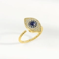 Verstellbarer goldener Ring mit blauem Auge und Steinen auf gedrehtem Ringband - Gedrehtes Band Böser Blick Stil (PNJ506) / 18K Gold