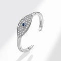 Anillo ajustable de plata S925 con ojo del mal azul y circonitas blancas brillantes - Ajustable / Hoja con Engaste en Pavé (PNJ794) / Platino