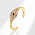 Anillo ajustable de plata S925 ojo turco con cristal azul y chapado en oro fino - Ajustable / Hoja con Engaste en Pavé (PNJ794) / Chapado en oro 18K