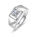 Men's S925 sterling silver adjustable ring featuring a round brilliant cut solitaire stone - Pave Micro-Inlay Classic Style (PN098)