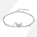 Zweilagiges Armband aus 925er Silber mit buntem Zirkonia-Schmetterling und S925-Prägung - Schmetterling Doppelketten-Armband (PSL102)