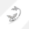 Anello regolabile in argento sterling S925 con doppi farfalle in zircone scintillante - Misura Aperta Regolabile / Oro bianco