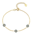 Golden S925 sterling silver evil eye bracelet with blue zircons and heart charm - 925 Silver / Round Triple Evil Eye Bracelet (PSL095) / 18K Gold