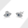 S925 Sterling Silver Evil Eye Stud Earrings with Blue Stones and Pavé Crystals - 925 Silver Earring Post / Evil Eye Stud Earrings (PED430) / Platinum