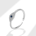Elegant S925 sterling silver open ring featuring a blue crystal evil eye motif - 925 Silver / Evil Eye Open Ring (PNJ801) / Platinum