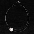S925 silver minimalist fish line necklace with 8mm white pearl on black fabric - Large Natural Pearl Long Necklace (Platinum Tone)