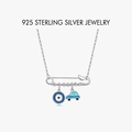 925 sterling silver safety pin necklace with evil eye and blue car charms - Safety Pin Evil Eye Car Necklace (PXZ498)