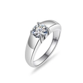Macro shot of S925 sterling silver stamp and round moissanite in four-prong setting - Zircon / Size 7 / 8MM Minimalist Wide Band Style (PNJ126)