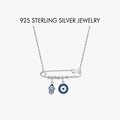 S925 Sterling Silver Safety Pin Necklace with Evil Eye and Hamsa Hand Charms - 925 Silver / Safety Pin Hamsa Hand Necklace (PXZ501) / Platinum