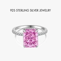 S925 sterling silver ring featuring a large rectangular pink gemstone with pave zircon - Rose Pink/Platinum