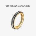 Luxurious S925 sterling silver ring with blue pave round crystals in gold plating - 18K Gold (Blue Zirconia)