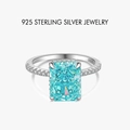 Elegant 925 sterling silver ring with rectangular light blue zircon and side diamonds - Lake Blue/Platinum