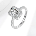 S925 sterling silver ring with emerald-cut moissanite and pave stones in square halo setting - US Size 7 / 2ct Emerald Cut Moissanite White