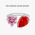 S925 sterling silver open ring with pink heart and red pear-shaped gemstones - Silver Pink Red Double Stone (PNJ039)