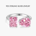 925 sterling silver open ring with emerald cut and pear shaped pink carbon diamonds - Open Pink Square Pear Double Stone (PNJ040)