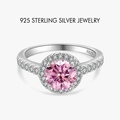 S925 sterling silver ring featuring a round pink center stone and pavé diamond band - Pink Round Halo (PNJ041)