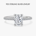 Anello in argento sterling S925 con zircone a taglio radiant e pietre laterali - US 5 / Stile Rettangolare Pavé (PNJ043) / Platino