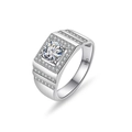 Mens S925 sterling silver ring with large round moissanite and side stones pave setting - Rhinestone / Size 9 / Luxury Pave Business Style (PNJ121) / Silver