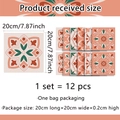 Detail showing 12pcs of 20x20cm vintage mandala tile stickers for kitchen and bathroom decor - Brick Red Dark Green Beige (ACZ20016)
