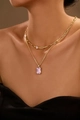 Close-up of gold layered necklace with purple crystal pendant and paperclip chain - Purple Rectangle Stone Style (Style 3)